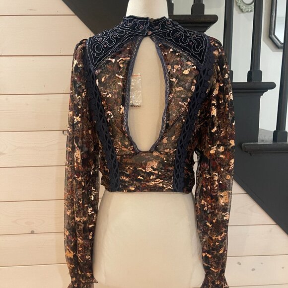 071 Free People Camille Embellished Beaded Foil Statement Top Blouse - Picture 6 of 14